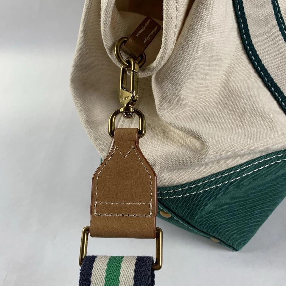 "Bolso de Mano J.CREW Montauk Lona Beige y Verde Náutico Playa Costera 15""x10""" Foto 3 de 4