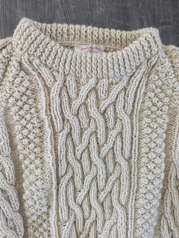 Fisherman Wool Sweater Mens Large Tan Cable Knit Pullover Chunky Handmade - Image 2 of 4