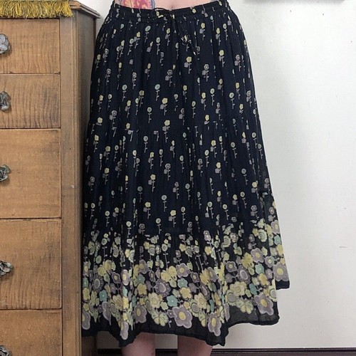 Vintage Cotton Gauze Hippie Skirt, 1990s Black Floral Indian Cotton Midi, OS - Picture 5 of 12