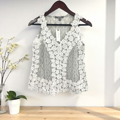 Anthropologie Blue Tassel Lace Floral Overlay Tank Top M White Black NWT