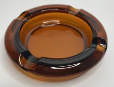 Vintage Amber Glass 6" Round Cigar Cigarette Ashtray 4 Slots