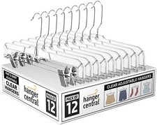 14 Inch Clear Pants Hangers with Adjustable Clips - 12 Pack Space-Saving