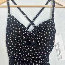 Trimshaper Black Pink Dot One Piece Swimsuit Sz 8 Ruched Tummy Control NWT Sexy