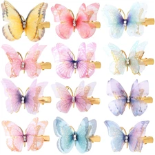 12Pcs Butterfly Hair Clips, Non-Slip Organza Hairpins, Rhinestone Hair Barrettes