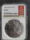 1992 Silver Eagle S$1 NGC MS69 Official Red Book Label