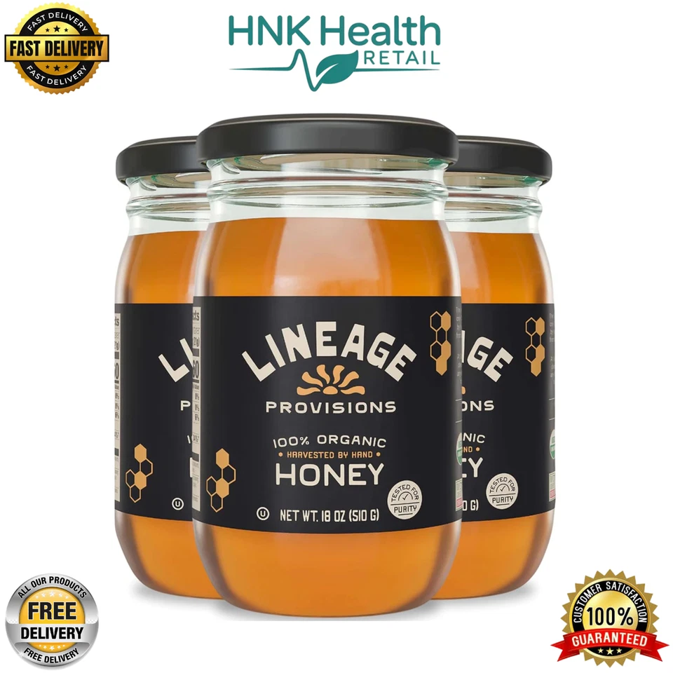 Lineage Provisions 100% Organic Raw Unfiltered Honey – 3-Pack (18 oz Glass Jars)