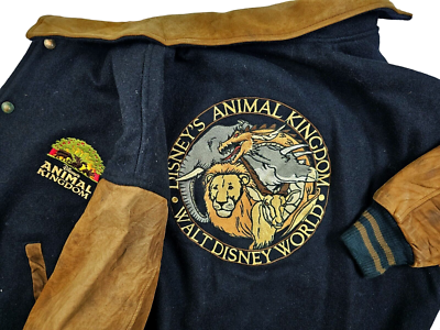 HOT VTG Men's DISNEY @ ANIMAL KINGDOM VARSITY BLACK WOOL LEATHER