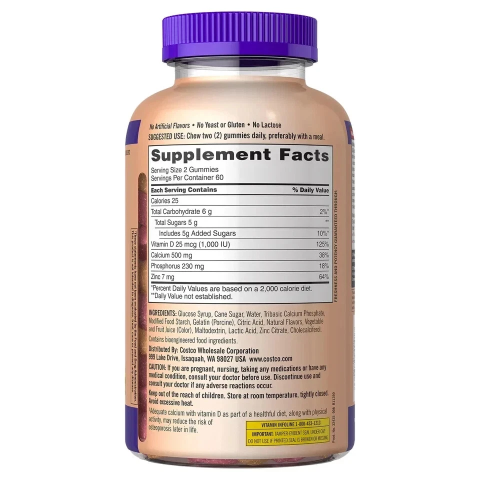 Calcio Kirkland Signature 500 mg con gomitas para adultos D3 - 120 unidades Foto 2 de 2