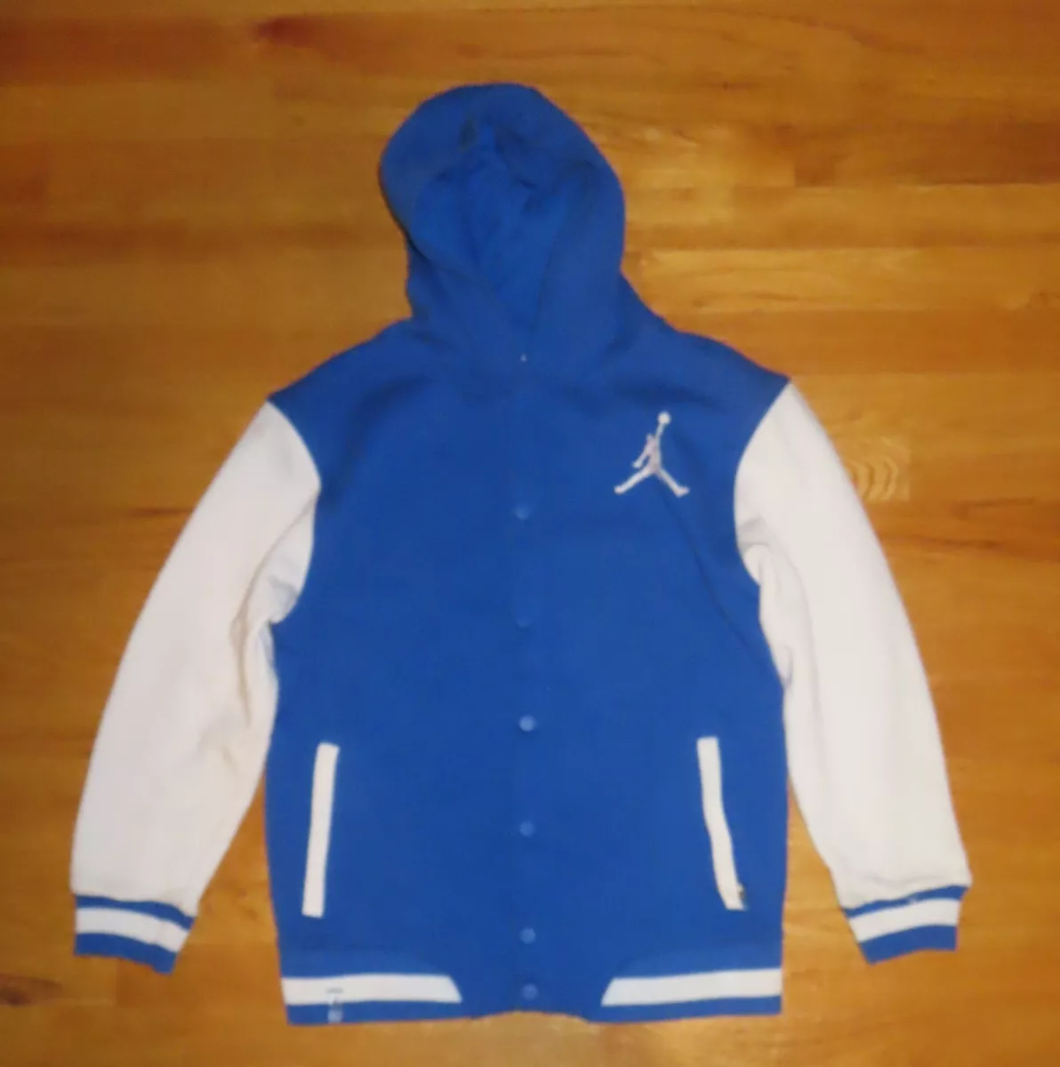 Nike MICHAEL JORDAN No 23 BULLS Button-Down (Youth L) Warm-Up Hooded Jacket BLUE Nike MICHAEL JORDAN No 23 BULLS Button-Down (Youth L) Warm-Up Hooded Jacket BLUE