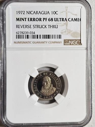 Nicaragua 10 Centavos 1972 NGC Mint Error PF 68 Ultra Cameo