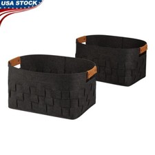 Set of 2 Medium Woven Felt Storage Baskets W/ Leather Handles Home Organization