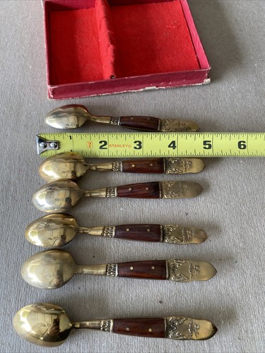 VINTAGE BRONZE MINI SPOONS SET OF 6 SPOONS WOODEN HANDLE MADE IN THAILAND - Picture 9 of 12