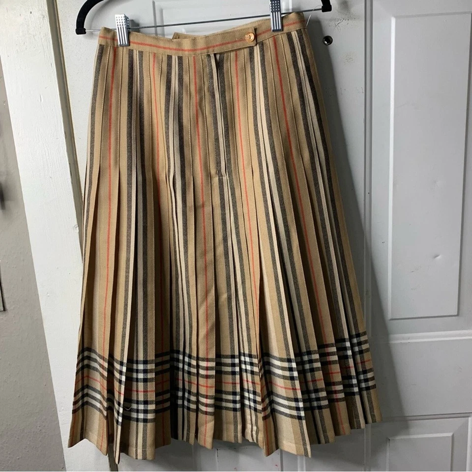 Burberry Vintage Icono Rayas Cuadros Plisado Lana Midi Falda Talla S Inglaterra Foto 3 de 4