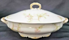 Antique Haviland Limoges France Pink Carnation Porcelain Gold Oval Covered Bowl