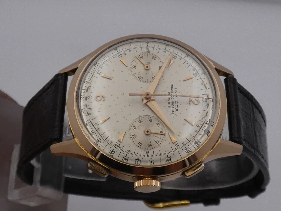 CRONO INVICTA BICOMPAX VALJOUX 22 OVERSIZE 38mm ORO ROSA 18KT ANNI '50s OROLOGIO - Immagine 3 di 4