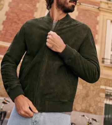 Green Bomber Suede Leather Jacket For Men 100% Lambskin Custom Made Jacket
