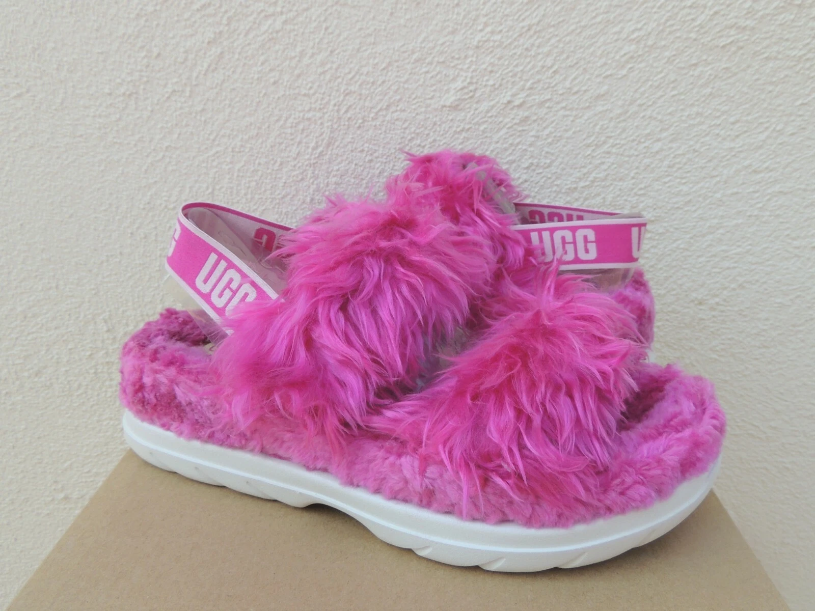 UGG DRAGON FRUIT FLUFF ZUCCHERO PELLICCIA SINTETICA PANTOFOLE SLIDE SANDALI US 7 EUR 38 ~NUOVI CON SCATOLA