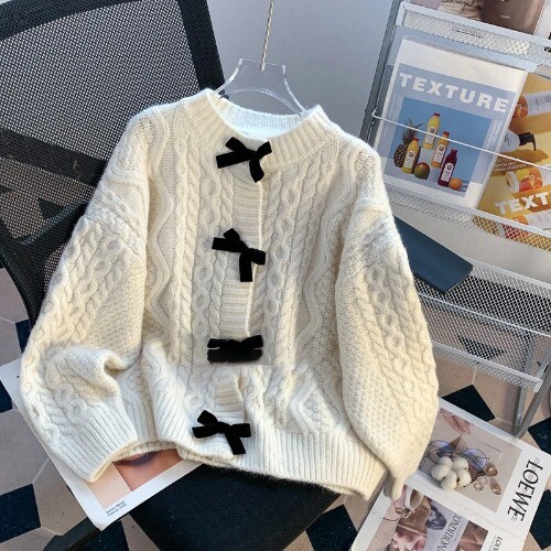 Bow Tie Sweater Loose Lazy Round Neck Knitted Cardigan 2024Vintage Women's Coat - Bild 11 von 28