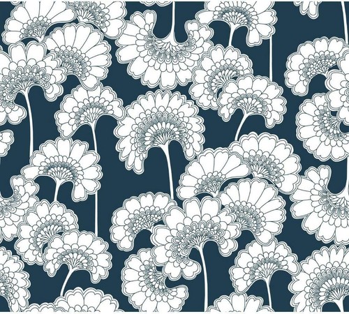 Wallpaper Florence Broadhurst Dark Blue Japanese Floral Wallpaper ,60 sq ft bolt
