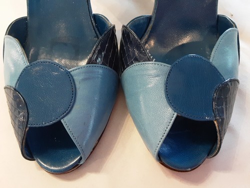 HALSTON VTG 70s Made Italy Shades Of Blue Leather Peeptoe Strappy Heels Sz 7 Wow - Picture 12 of 16