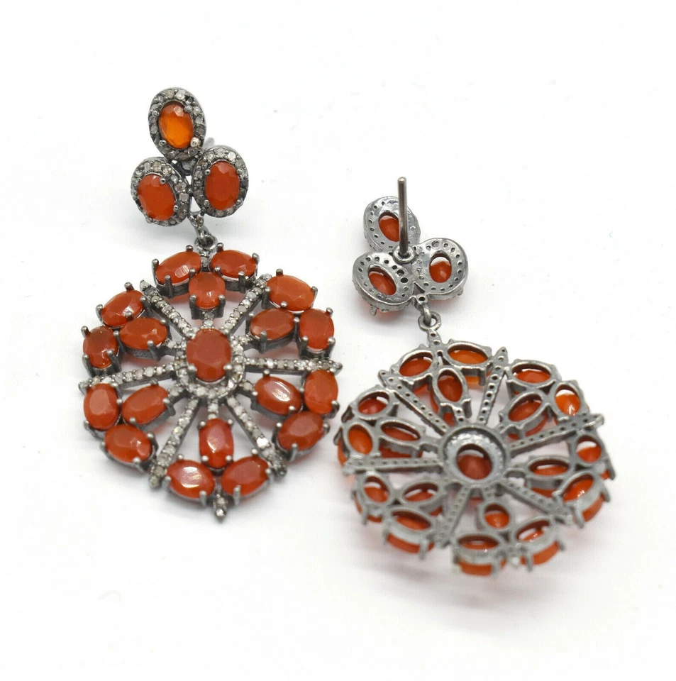 Único Pavé de Diamante Naranja Cornalina Largo Colgante 925 Pendientes Plata Ley - Imagen 4 de 4