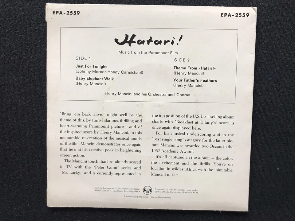Henry Mancini - Hatari (4-Track-7" Singles EP) RCA EPA-2559 BABY ELEPHANT WALK - Bild 3 von 4