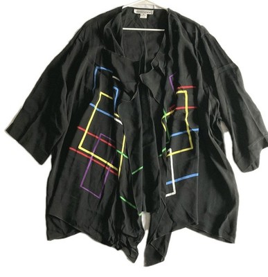 Caroline Rose Blouse Women 3X Black Kimono Sheer Open Front Artsy Geometric Top