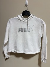 PUMA Women's White Cropped Pullover Hoodie S Fleece Logo Long Sleeve