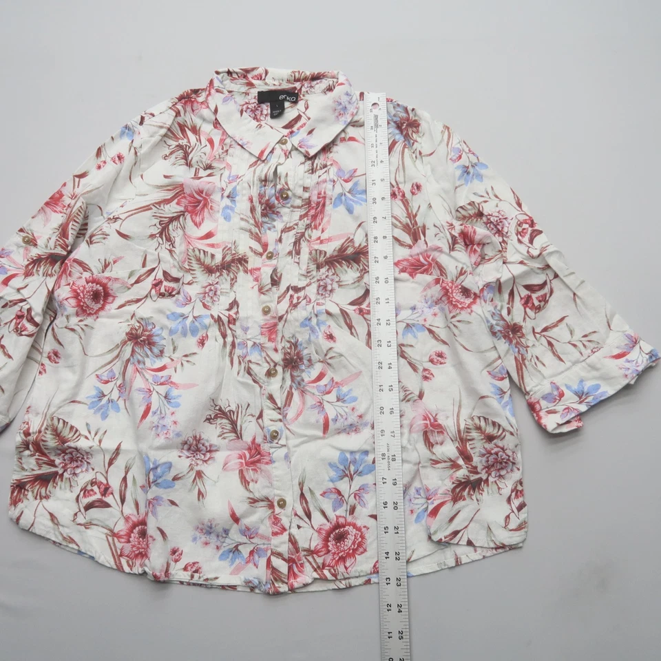 Erika Linen Blend Blouse Large Button Up 3/4 Sleeve Floral Print Collared Top - Image 4 of 4