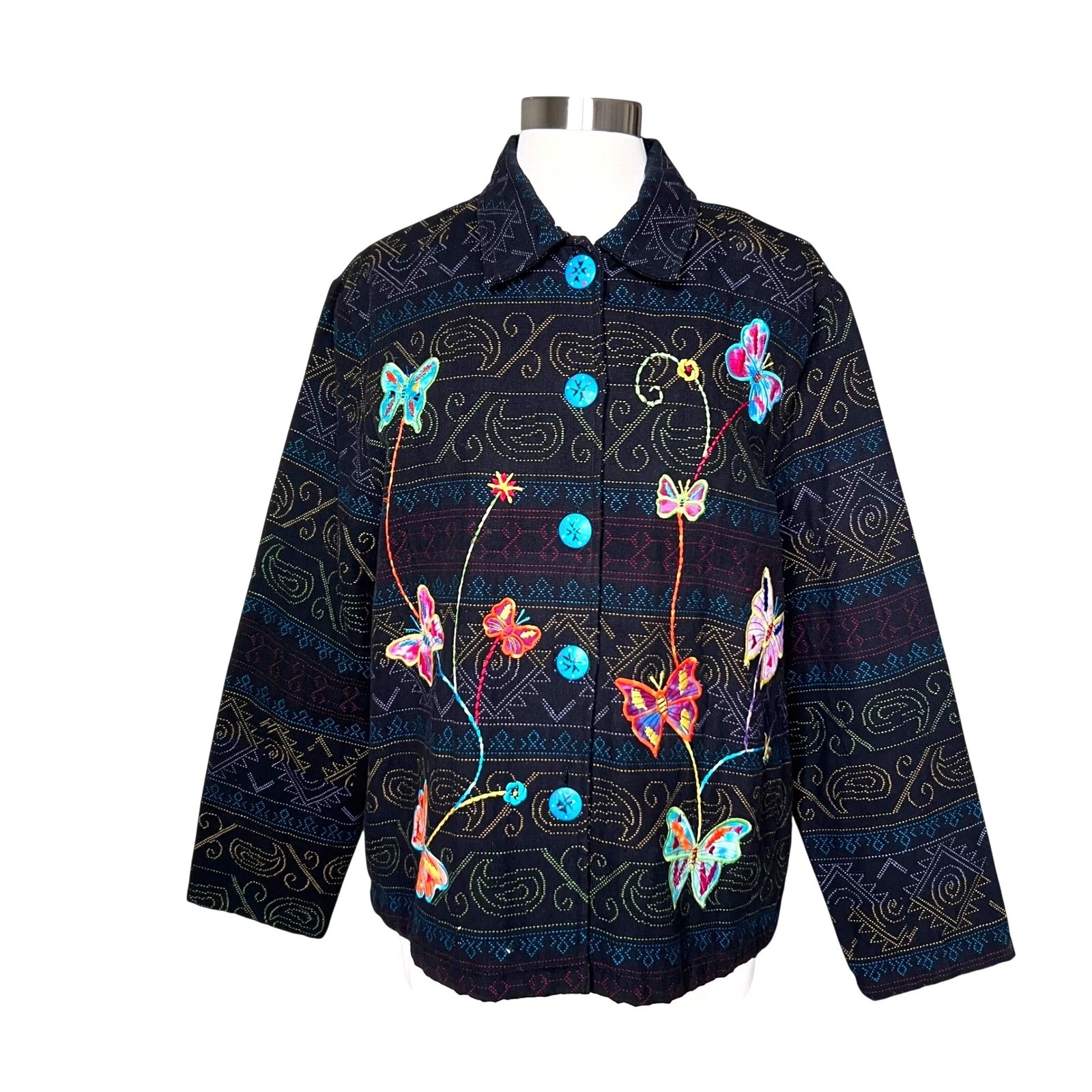 Vintage Julia Kin Butterfly Embroidered Cotton Jacket Black Multi XL Art to Wear
Opens in a new wind
