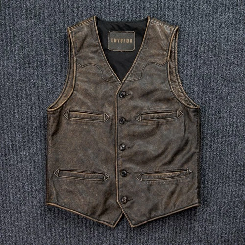 Retro American Style Men's Real Leather Cowhide Vest Waistcoat Motorcycle Cowboy - Picture 21 of 21