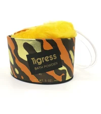 1970s Vintage Faberge Tigress 5 Oz Bath Body Powder with Powder Puff