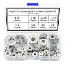 Sutemribor 260 Pieces 8 Sizes Stainless Steel Flat Washers, 1/2 3/8 5/16 1/4 ...