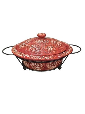 Temp-tations Old World Red 1.5 Qt Casserole Dish Lid Wire Rack Stoneware...