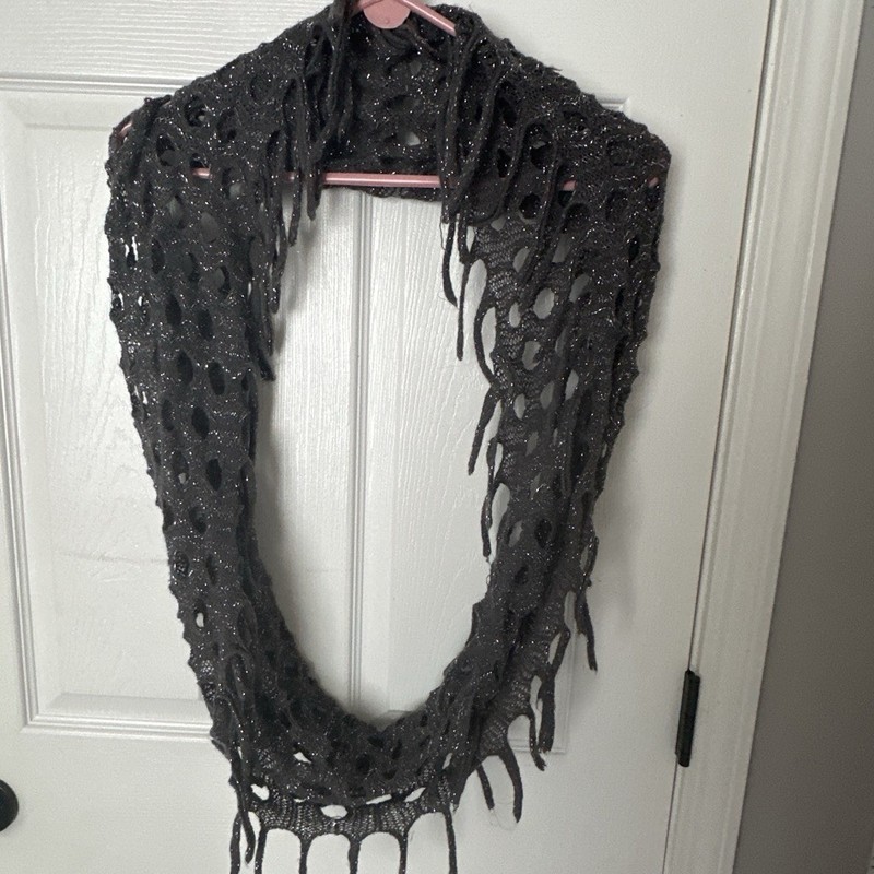 Gray Solid Knit Acrylic Infinity Scarf with Fringe, Lightweight Women’s