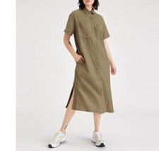 NWT Women DOCKERS Buttoned Midi Dress RELAX FIT Khaki / Tan Belt Shirt Dress M