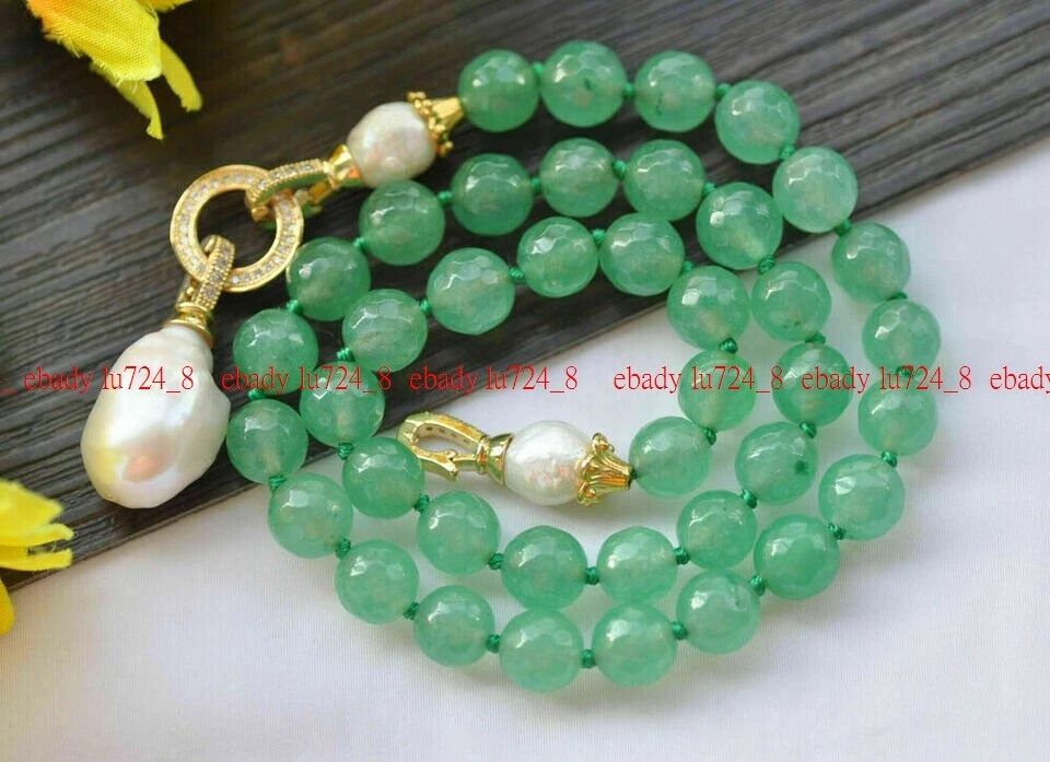 10mm Natural Faceted Green Aventurine White Baroque Pearl Round Gem Necklace 18" - Image 4 of 4