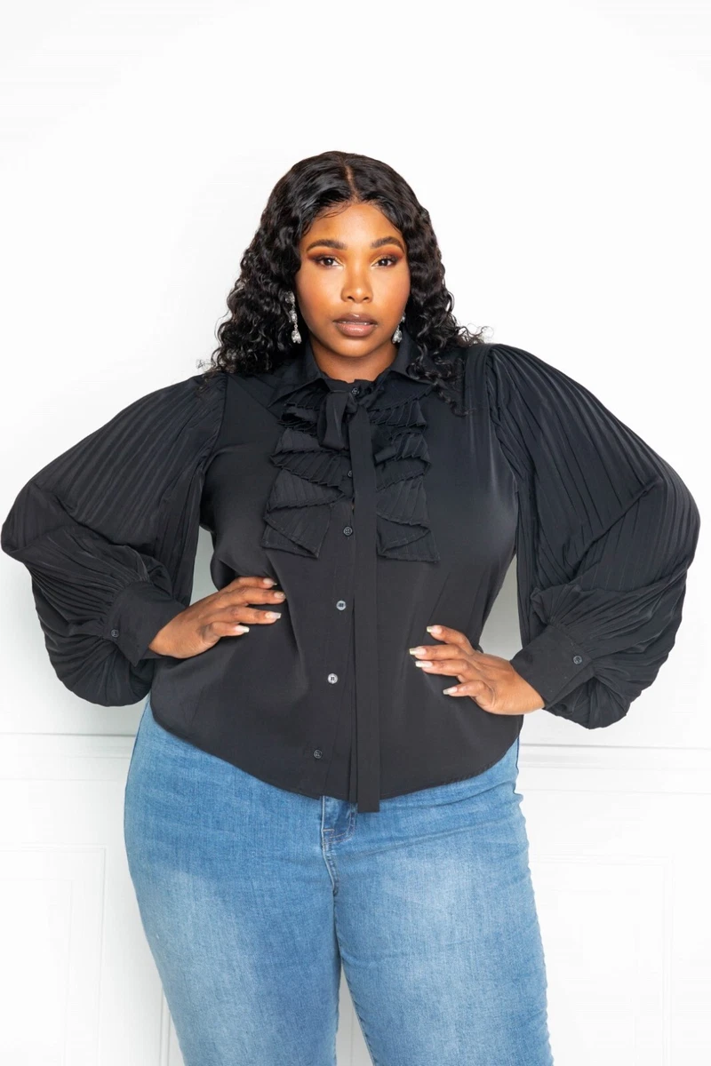 Women's Plus Size Black Pleated Sleeve Blouse (1XL)