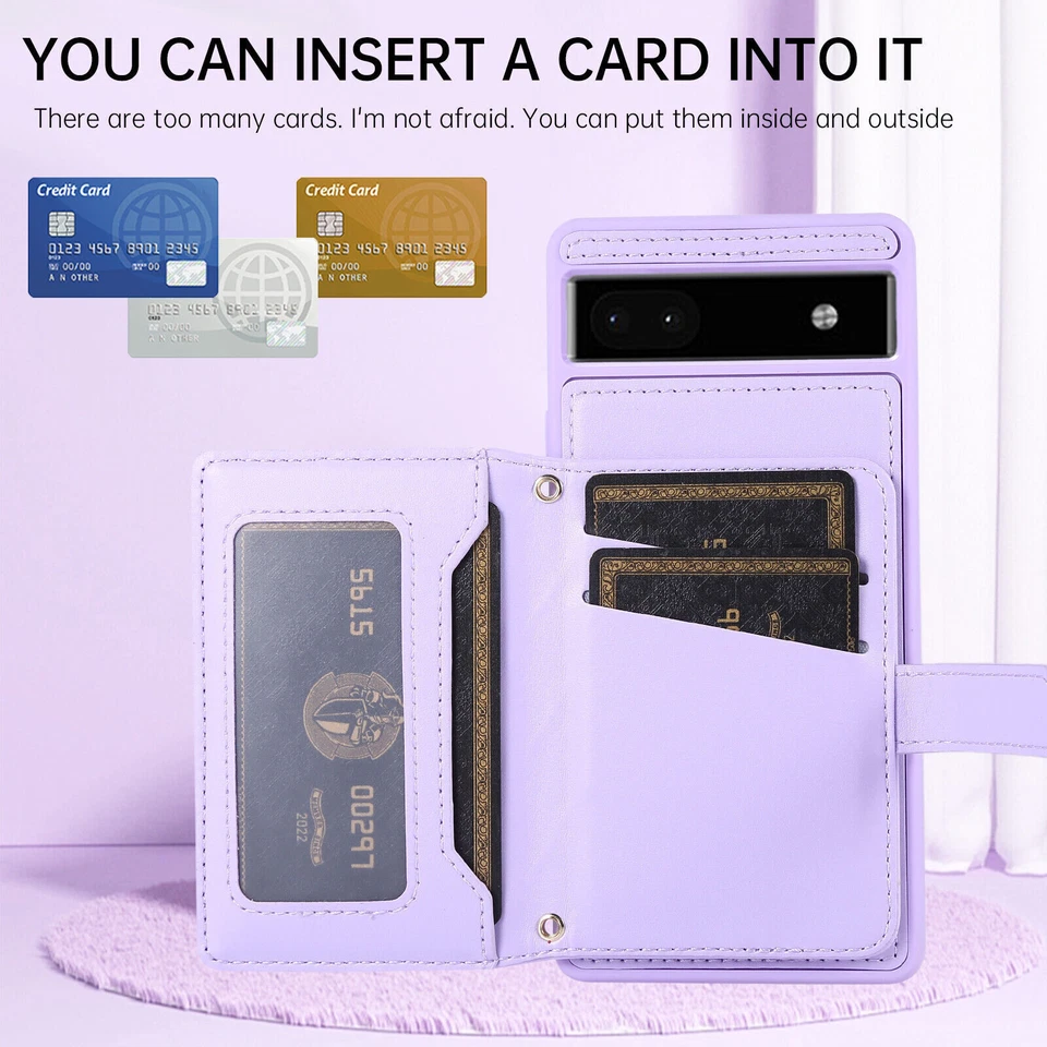 For Google Pixel 7A 7Pro 6A Luxury Wallet Flip Stand Crossbody Strap Purse Case - Image 2 of 4