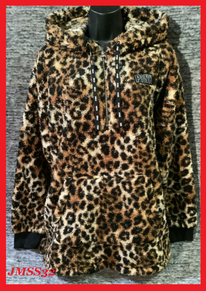 Victoria's Secret Pink Leopard Sherpa Half Zip Hoodie Pullover