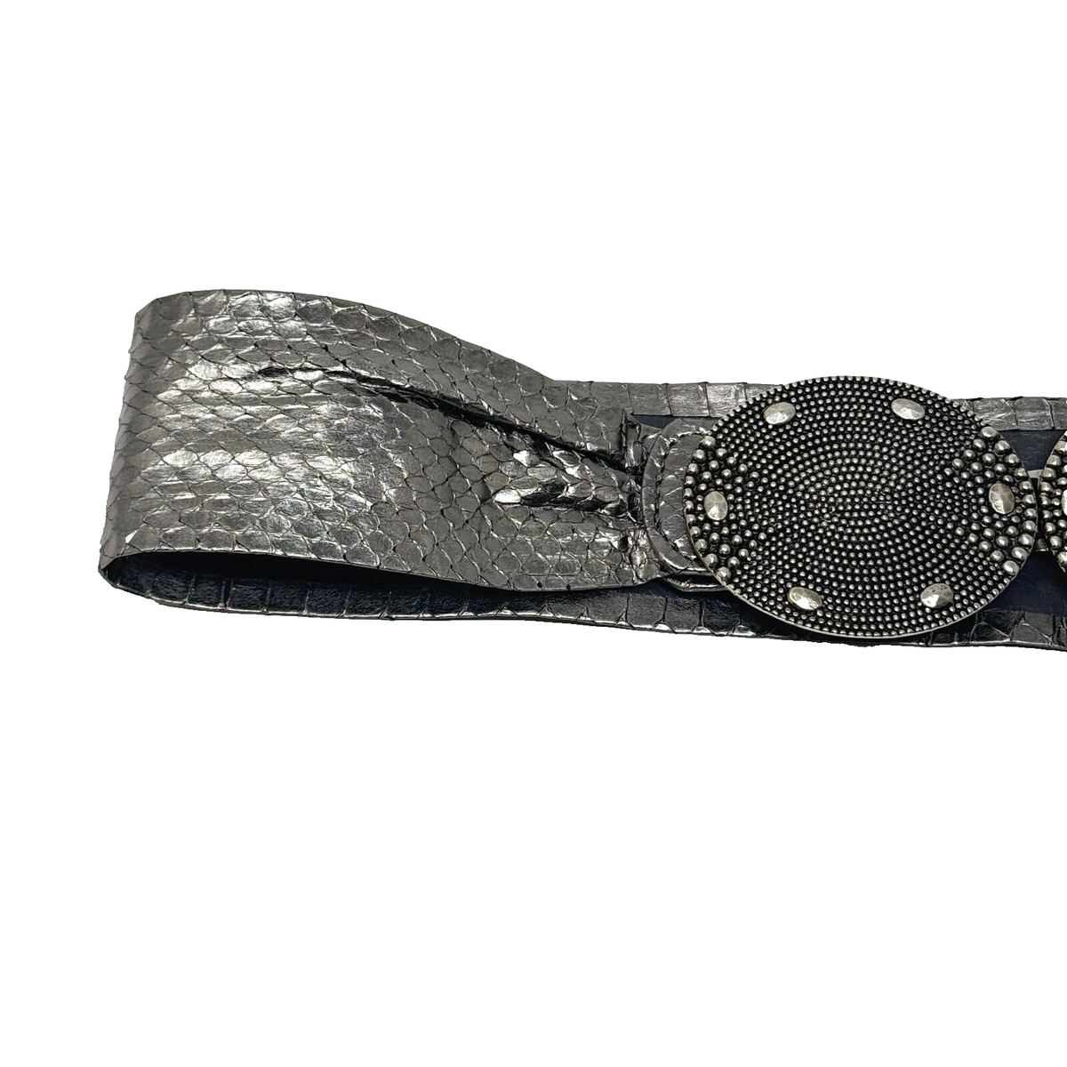 Vintage 80s Morris Moskowitz Black Snake Skin Wide Leather Belt & Buckle M Vintage Morris Moskowitz Black Reptile Leather Scale Buckle  main image 2