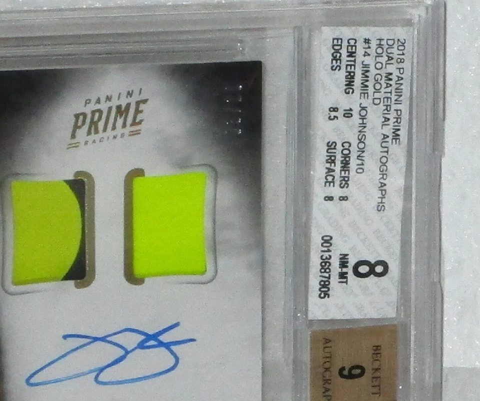 2018 JIMMIE JOHNSON PANINI PRIME DUAL MATERIAL AUTO HOLO GOLD CARD 8, 9 AUTO BGS - Image 2 of 3