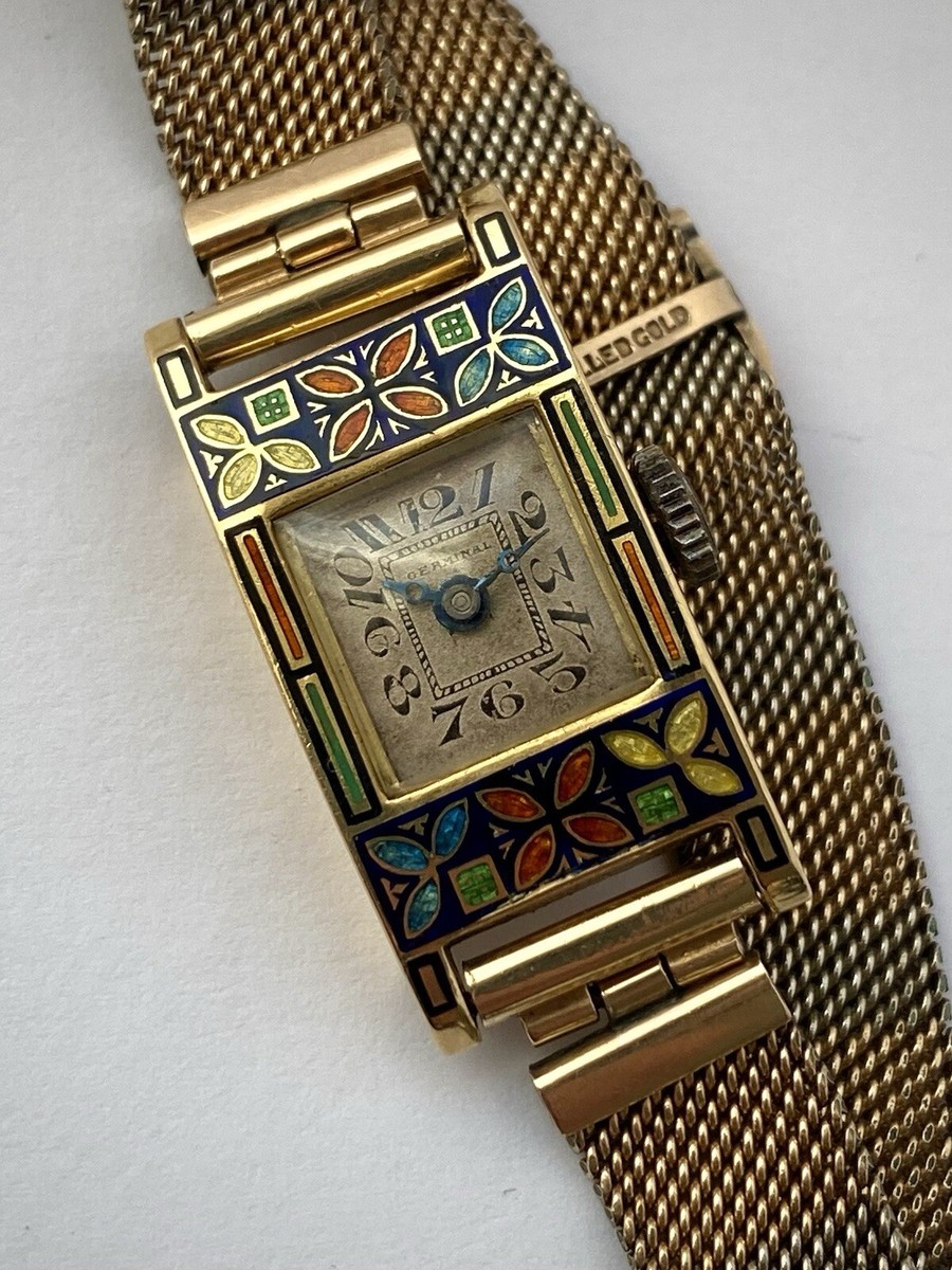 Enamel Floral Green and Gold Women\'s Wind Mechanism Watch PEEKABOO VINTAGE WATCH SWISS MOVEMENT ENAMEL FLOWER GOLD  main image 2