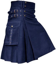 Blue Utility Kilt Highland Solid Pleated Buckle Straps Kilts with Cargo Pockets