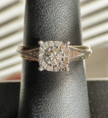 Vintage Diamond Cluster Ring Yellow Gold Filled Sterling 925 Engagement Wedding - Picture 3 of 10