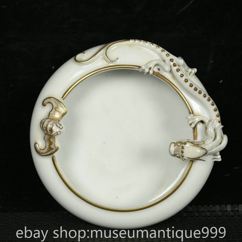 5" Yongzhong Chinese White glaze Gilt Porcelain Pan Dragon writing-brush washer