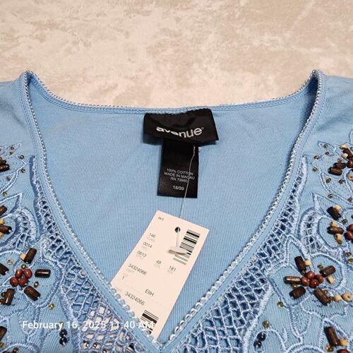 Avenue Women Sz 18/20 Blue Short Sleeve T Shirt Beaded Crochet Style 0613 Cotton - Picture 3 of 8