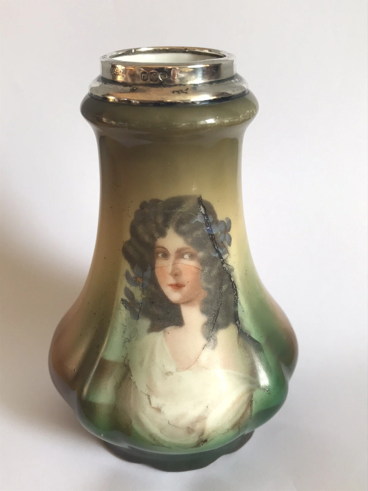 Silver Rimmed Small Vase With Beautiful Lady Dark Hair