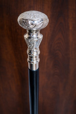 Vintage Silver Round Handle Walking Stick Black Wooden Cane for Men  Women Gift