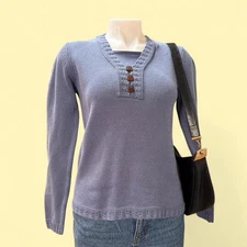 VTG Blue Knit V Neck Sweater Cozy Cottagecore Grandma Core Small Petite 90s EUC